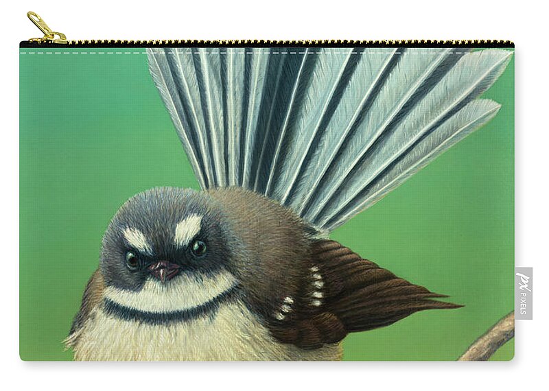 New Zealand Zip Pouch featuring the painting Portrait of a New Zealand Fantail by James W Johnson