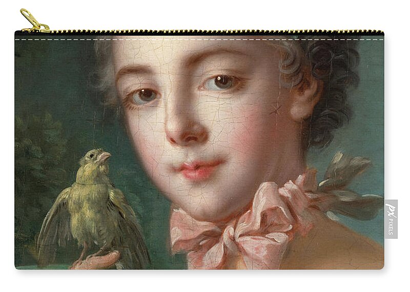 Francois Boucher Zip Pouch featuring the painting Portrait of Marie-Emilie Baudouin, the artist's Daughter, 1760 by Francois Boucher