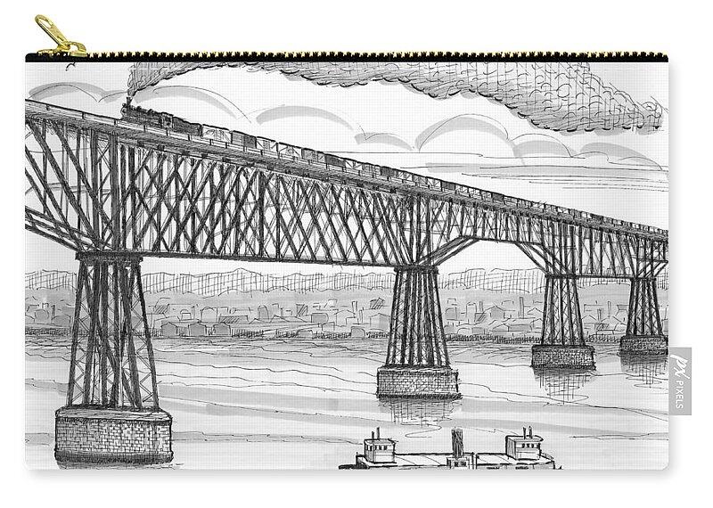 Poughkeepsie Railroad Bridge Zip Pouch featuring the drawing Poughkeepsie Railroad Bridge and Steam Ferry circa 1890 by Richard Wambach