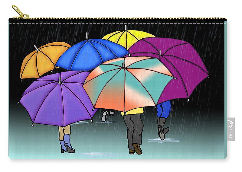 Bedroom Zip Pouch featuring the mixed media Pouring Rain on Umbrellas by Kelly Mills
