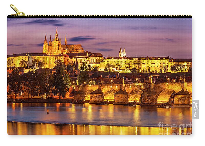 Prague Zip Pouch featuring the photograph Prague castle and St Vitus cathedral at night by Neale And Judith Clark