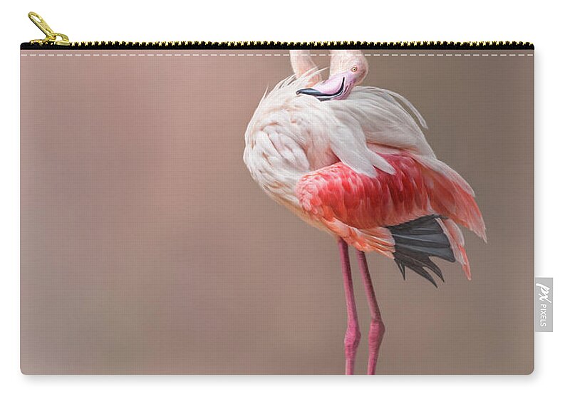 Flamingo Zip Pouch featuring the mixed media Preening to Perfection by Constance Sanders