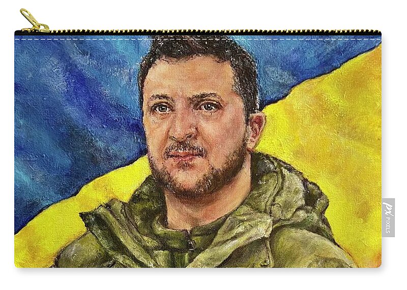 Hero Zip Pouch featuring the painting President Zelensky A great hero and leader by Karen Needle