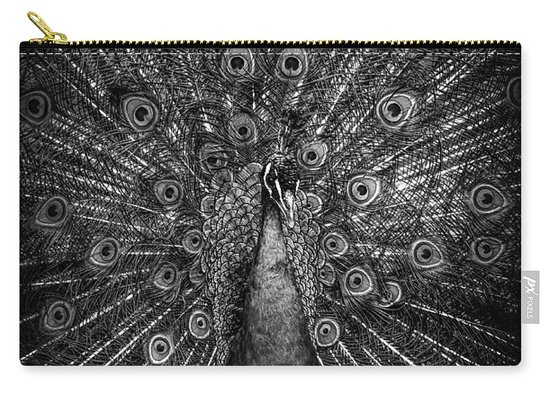 Proud Zip Pouch featuring the digital art Proud peacock in black and white by Marjolein Van Middelkoop