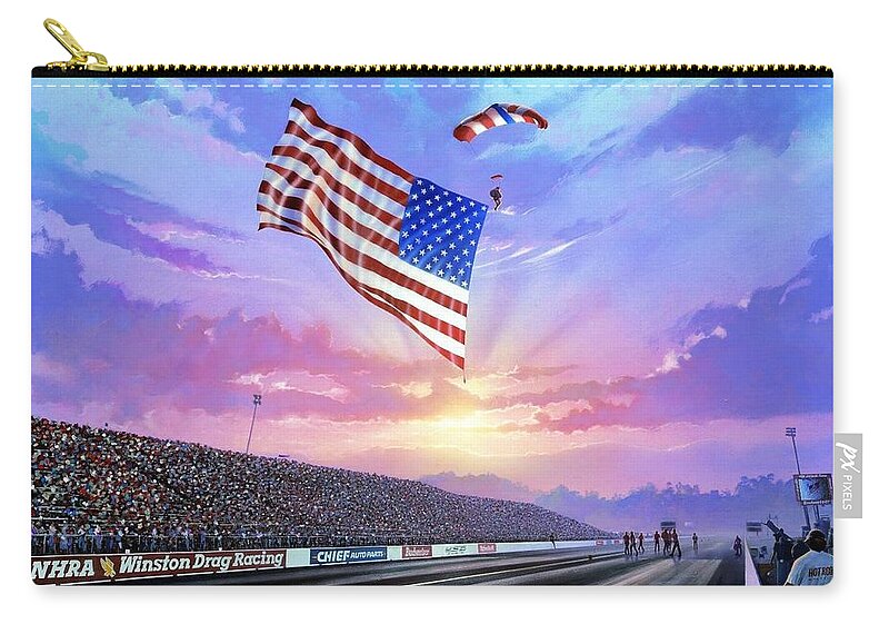 Drag Racing Nhra Top Fuel Funny Car John Force Kenny Youngblood Nitro Champion March Meet Images Image Race Track Fuel Mark Schlatter Skydiver Skydivers Flag Us Pomona Winternationals Zip Pouch featuring the painting Proud To Be An American by Kenny Youngblood
