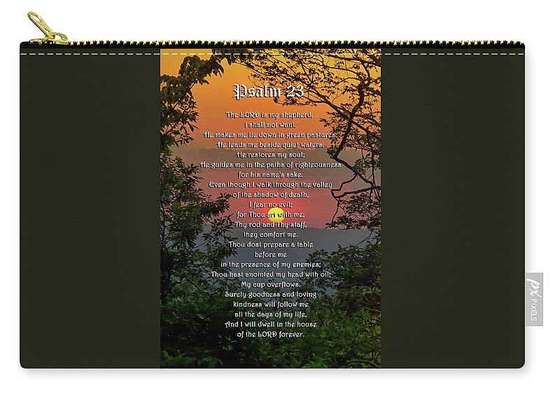 Psalm 23 Zip Pouch featuring the mixed media Psalm 23 Prayer Over Sunset Landscape by Christina Rollo