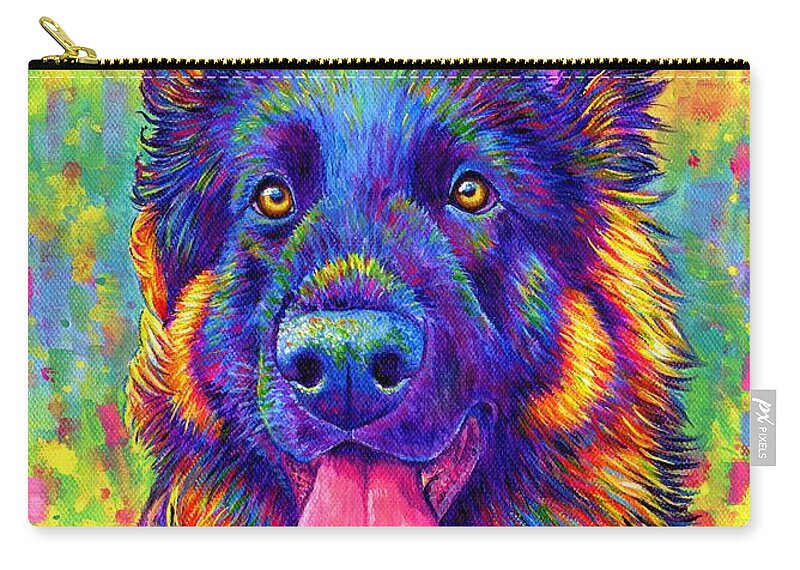 German Shepherd Carry-all Pouch featuring the painting Psychedelic Rainbow German Shepherd Dog by Rebecca Wang