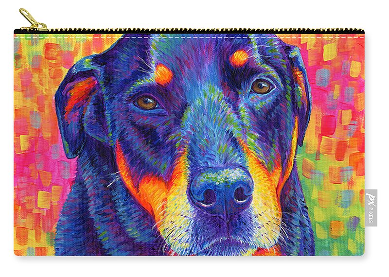 Rottweiler Zip Pouch featuring the painting Psychedelic Rainbow Rottweiler by Rebecca Wang