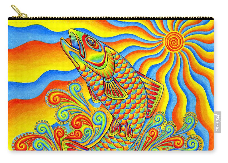 Psychedelic Zip Pouch featuring the drawing Psychedelic Rainbow Trout Fish by Rebecca Wang