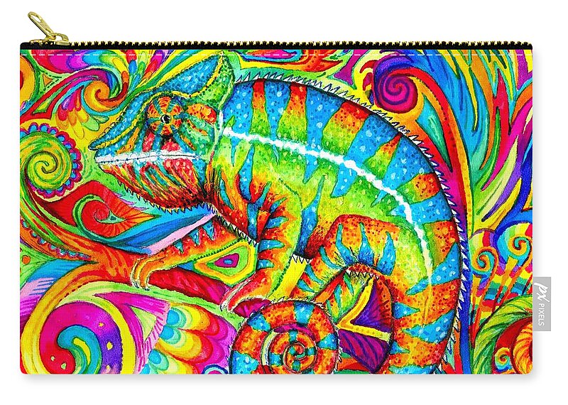 Chameleon Carry-all Pouch featuring the drawing Psychedelizard - Psychedelic Rainbow Chameleon by Rebecca Wang