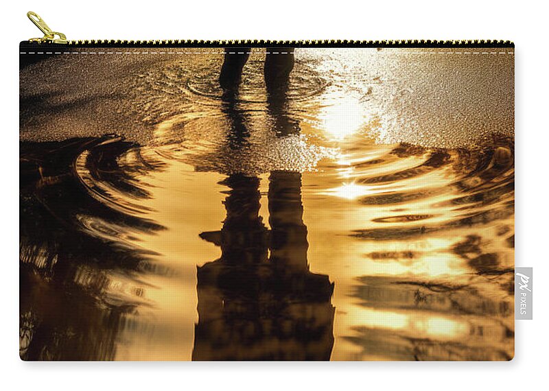 Reflection Zip Pouch featuring the digital art Puddle Reflection 01 Warm Golden City Light by Matthias Hauser