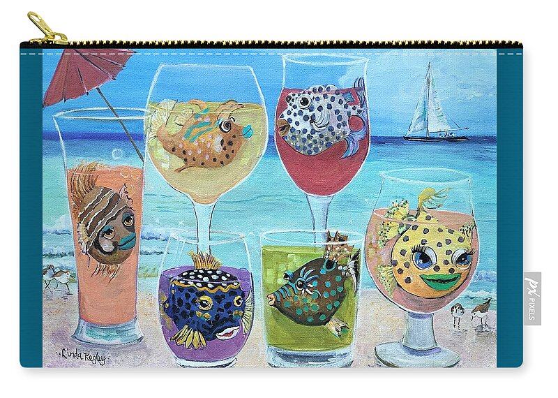 Puffer Fish Zip Pouch featuring the painting Puffies Beach Party by Linda Kegley