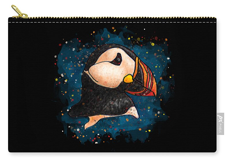 Puffin Zip Pouch featuring the painting Puffin head on black background, Splatter art puffin by Nadia CHEVREL