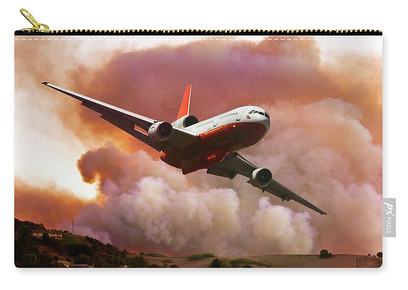 Mcdonnell Douglas Dc-10 Firefighting Aircraft Zip Pouch featuring the mixed media Pulling Up and Away from the Wildfire by Erik Simonsen