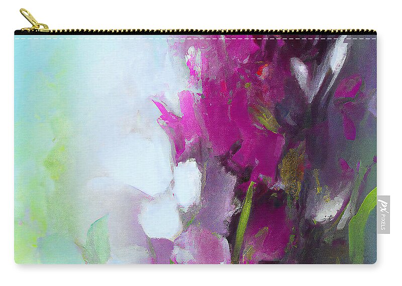 Abstract Zip Pouch featuring the painting Purple And White Abstract Flowers - Abstract Floral Painting #31 by iAbstractArt