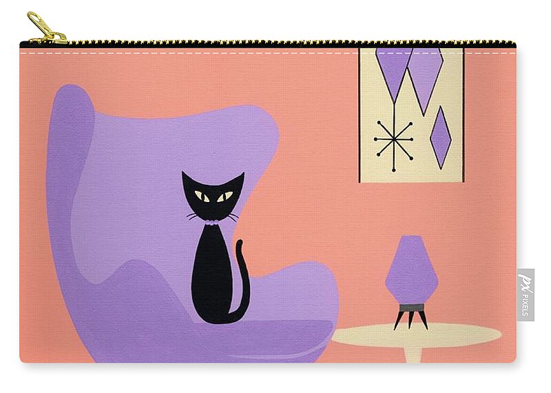 Mid Century Modern Black Cat Zip Pouch featuring the mixed media Purple Egg Chair with Diamonds by Donna Mibus