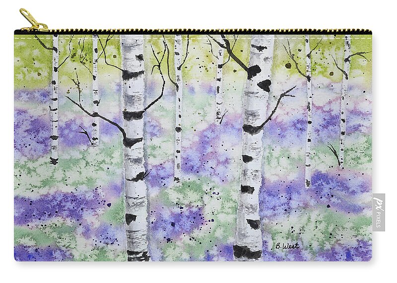 Watercolor Zip Pouch featuring the painting Purple Flowers and Birch Trees by Barbara West