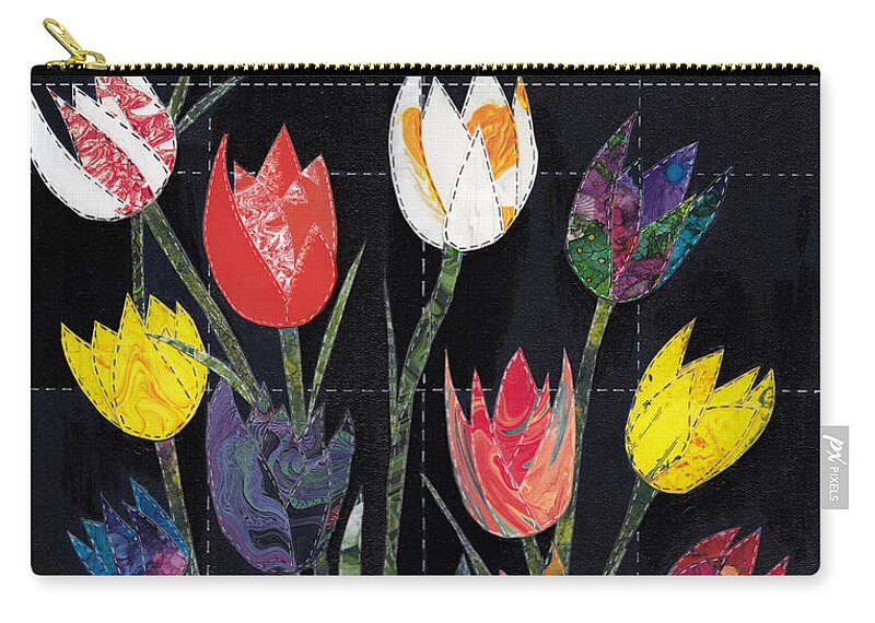 Tulips Zip Pouch featuring the mixed media Quilting My Past Recycling My Dreams Tulip Quilt by Conni Schaftenaar