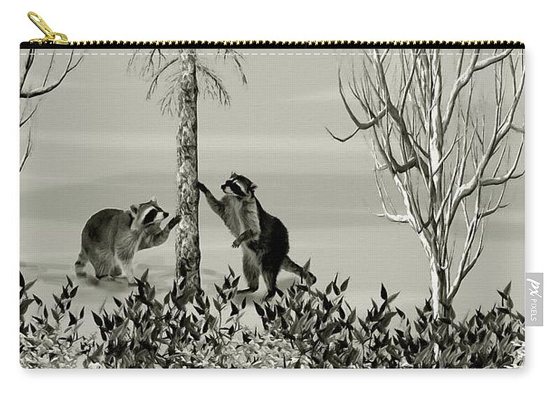 Raccoon Carry-all Pouch featuring the mixed media Raccoons in the Wild Winter Forest by David Dehner