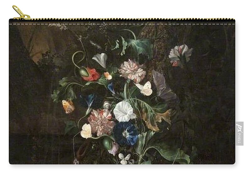 Zip Pouch featuring the painting Rachel Ruysch - An Arrangement of Flowers by a Tree Trunk by Les Classics