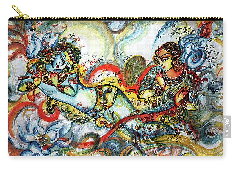 Krishna Zip Pouch featuring the painting Radha Krishna - Flute - Love by Harsh Malik