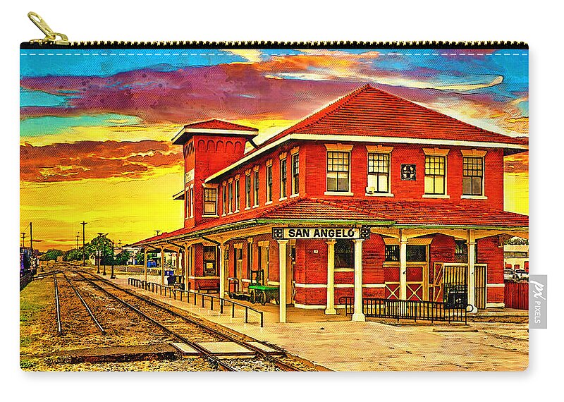 Railway Museum Zip Pouch featuring the digital art Railway Museum of San Angelo, Texas, at sunset - digital painting by Nicko Prints