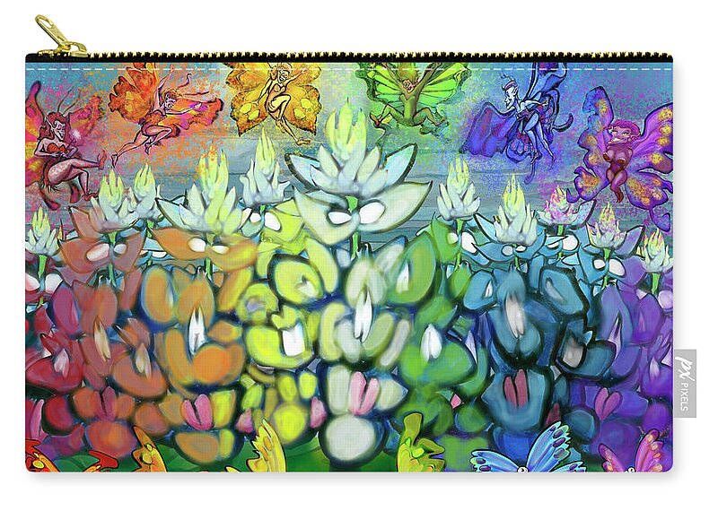 Rainbow Zip Pouch featuring the digital art Rainbow Bluebonnets Scene w Pixies by Kevin Middleton