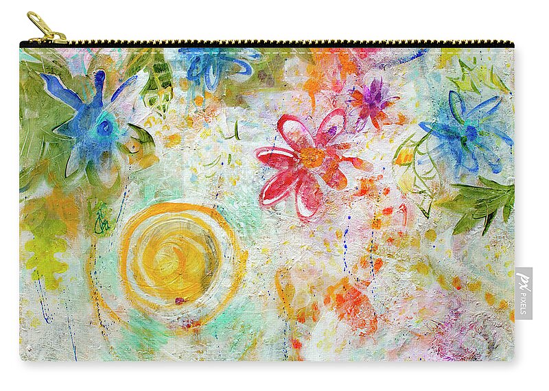Rainbow Petals Zip Pouch featuring the mixed media Rainbow Petals by Cherie Salerno