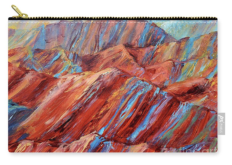 Zhangye Danxia Geological Park Carry-all Pouch featuring the painting Rainbow Mountains by Zan Savage