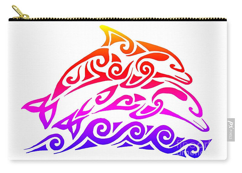 Dolphin Zip Pouch featuring the mixed media Rainbow Tribal Dolphins by Rebecca Wang