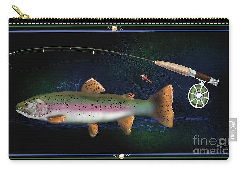 Fly Rod Zip Pouch featuring the digital art Rainbow Trout and Fly Rod by Doug Gist