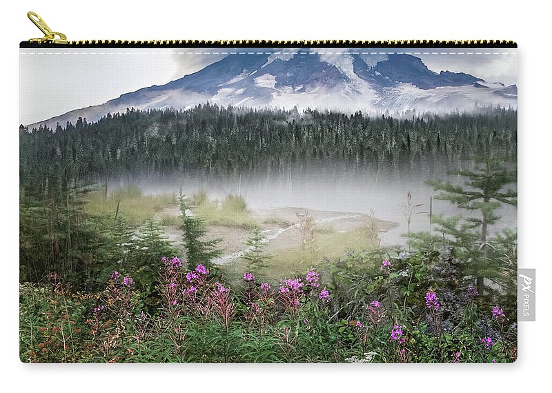 Mountain Zip Pouch featuring the photograph Rainy Day at Mt. Rainier by Shara Abel