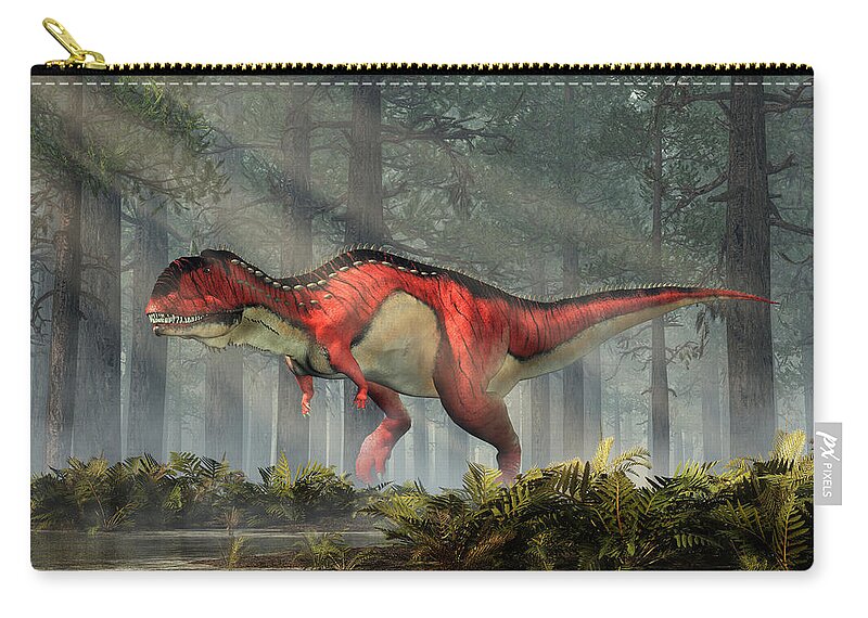 A Red And White Rajasaurus With Black Stripes In A Dense Forest. Rajasaurus Was An Abelisaurid Theropod Dinosaur Of The Late Cretaceous In India. 3d Rendering Zip Pouch featuring the digital art Rajasaurus in a Forest by Daniel Eskridge
