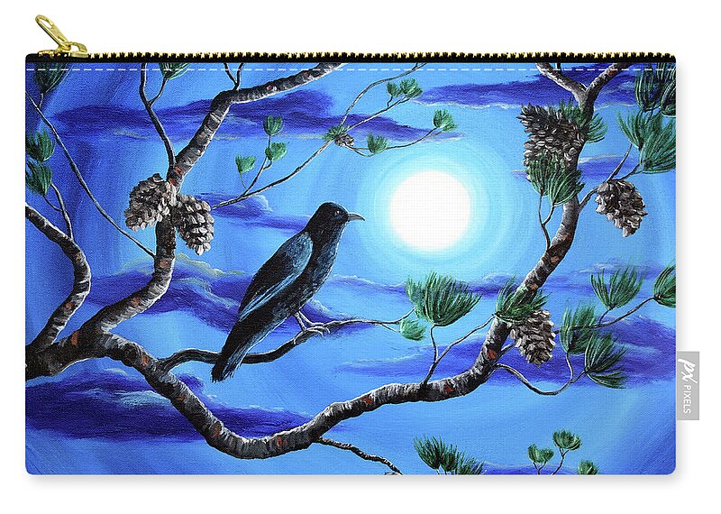 Moon Zip Pouch featuring the painting Raven in Pine Tree Branches by Laura Iverson
