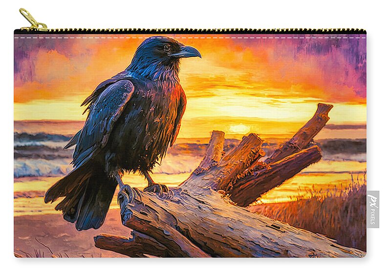Abstract Zip Pouch featuring the digital art Raven on Driftwood by Craig Boehman