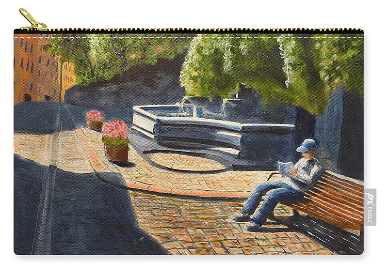 Stockholm Reading Fountain Street Zip Pouch featuring the painting Reading in Stokholm by James Hey