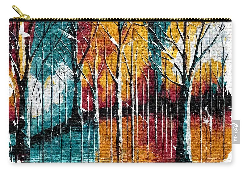 Rebound Zip Pouch featuring the mixed media Rebound Art No2 - colorful forest by Bonnie Bruno