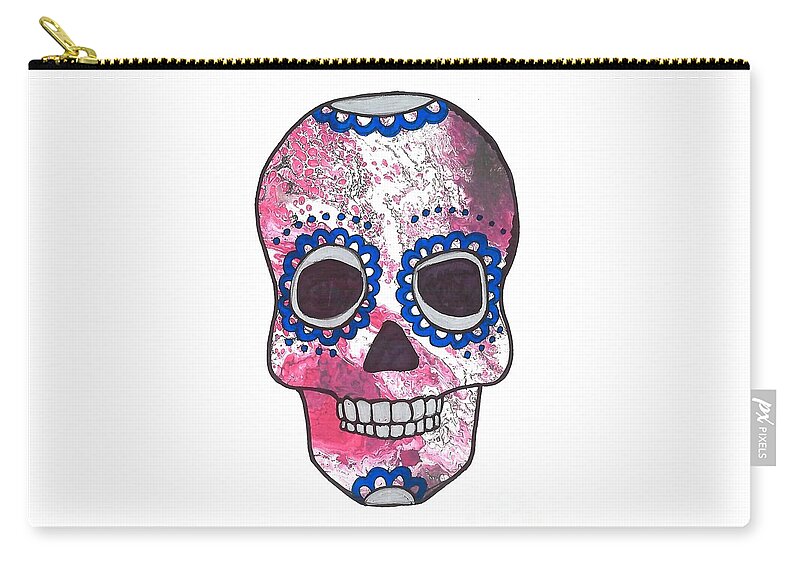 Patriotic Colors Sugar Skull Zip Pouch featuring the mixed media Red and Blue Sugar Skull by Expressions By Stephanie