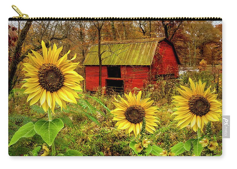 Sunflower Zip Pouch featuring the photograph Red Barn in Sunflowers II by Debra and Dave Vanderlaan