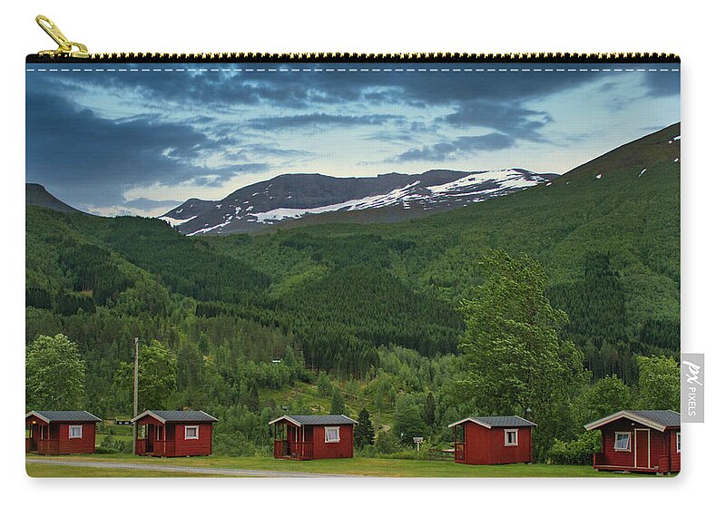 Norway Zip Pouch featuring the photograph Red Cabins in the Mountains of Norway by Matthew DeGrushe