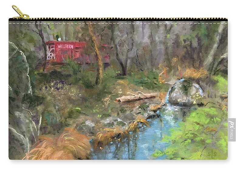 Caboose Zip Pouch featuring the pastel Red Caboose by Sandra Lee Scott