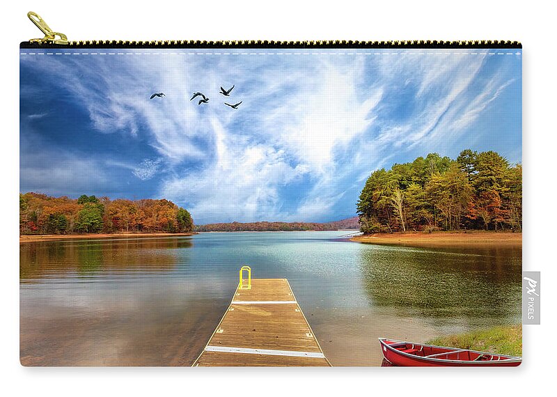 Pier Zip Pouch featuring the photograph Red Canoe at the Lake Dock by Debra and Dave Vanderlaan
