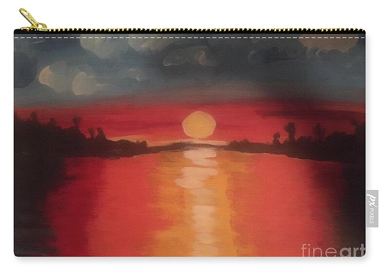 Red Hot Sunset Heat Beauty Nature Love Muskoka Cottage Country Canada Zip Pouch featuring the painting Red Hot Sunset by Nina Jatania