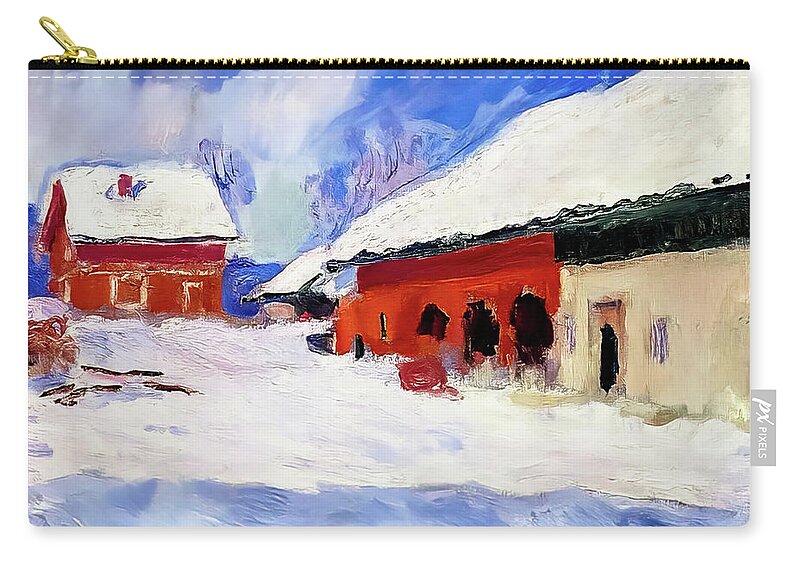 French Zip Pouch featuring the painting Red Houses at Bjornegaard in the Snow, Norway by Claude Monet 18 by Claude Monet