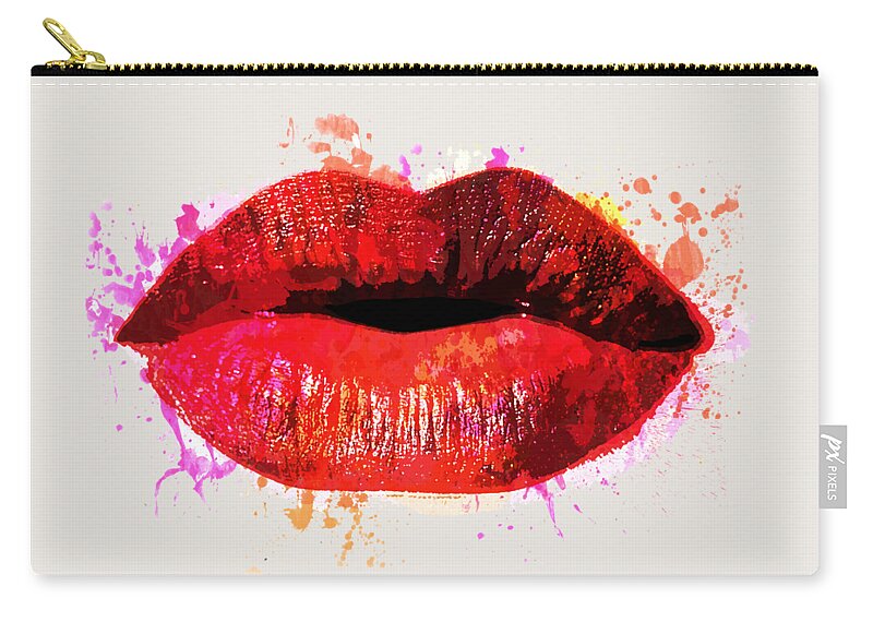 Lips Zip Pouch featuring the painting Red kiss watercolor by Delphimages Photo Creations