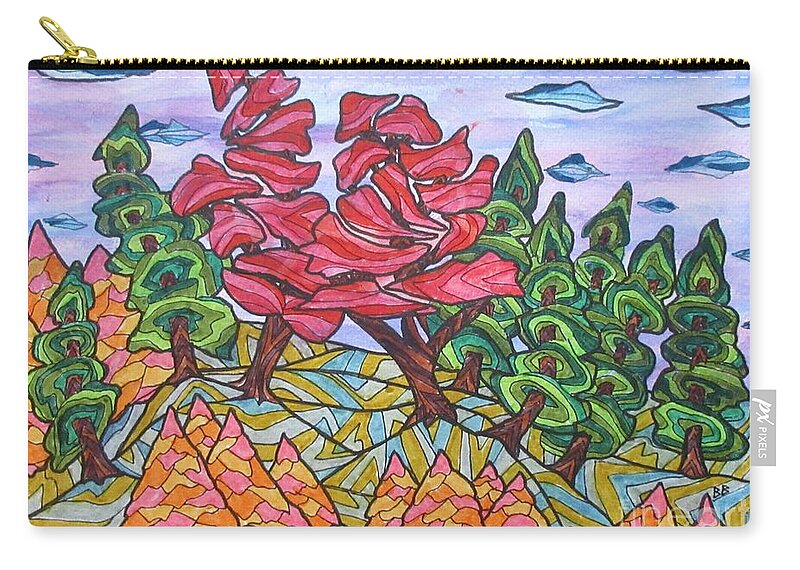 Trees Tree Landscape Abstract Ontario Canada Decor Decrotive Office Group Of Seven Red Mask Pillow Cushion Outdoors Woods Forrest Zip Pouch featuring the painting Red Maple Ridge by Bradley Boug