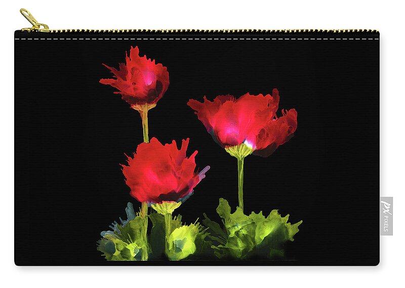 Red Zip Pouch featuring the painting Red Poppies on Black Background Alcohol Ink Painting by Deborah League