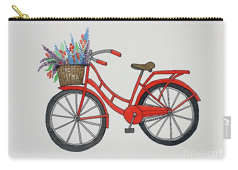 Red Retro Cruiser Bicycle Watercolor Painting Zip Pouch featuring the painting Red Retro Cruiser by Norma Appleton