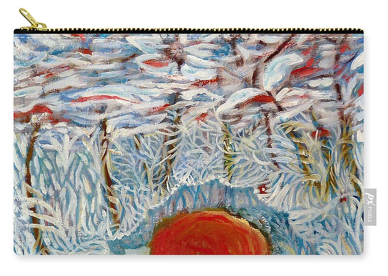 Red Sun In Forest Zip Pouch featuring the painting Red sun in forest by Elzbieta Goszczycka