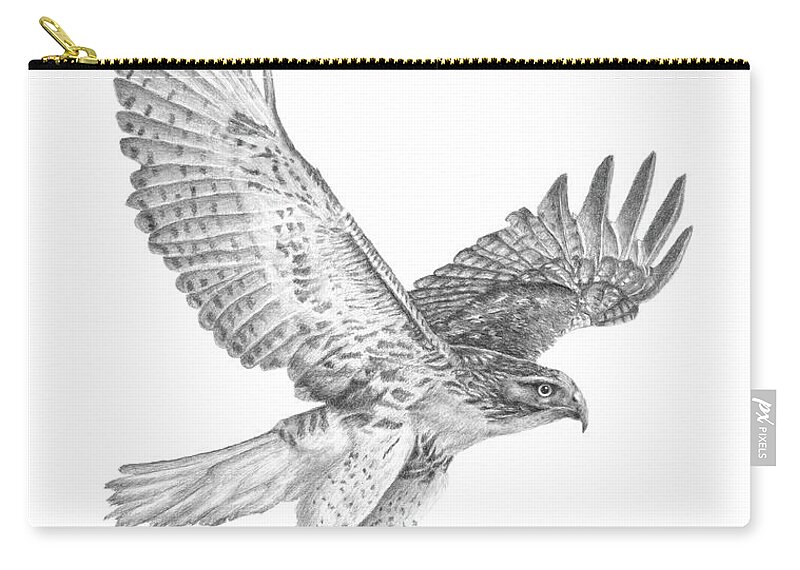 Hawk Zip Pouch featuring the drawing Red Tailed Hawk in Flight by Monica Burnette